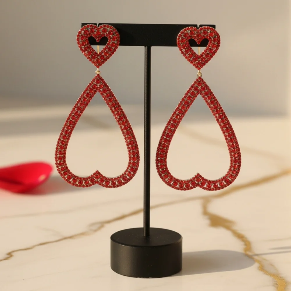 Red Rhinestone Studded Open Heart Drop Dangle Statement Earrings - Picture 2 of 6
